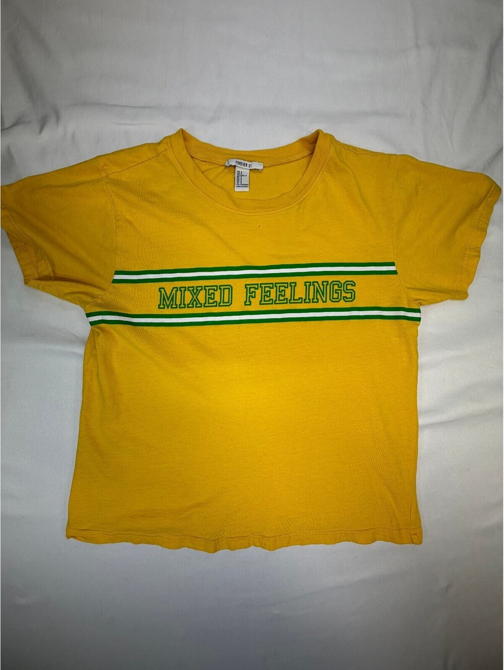 Forever 21 Women's T-Shirt Semi-Cropped Mixed Fellings Crew Neck Size S Yellow